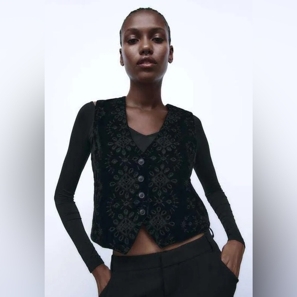 Black Velvet Geometric Eyelet Embroidered Vest